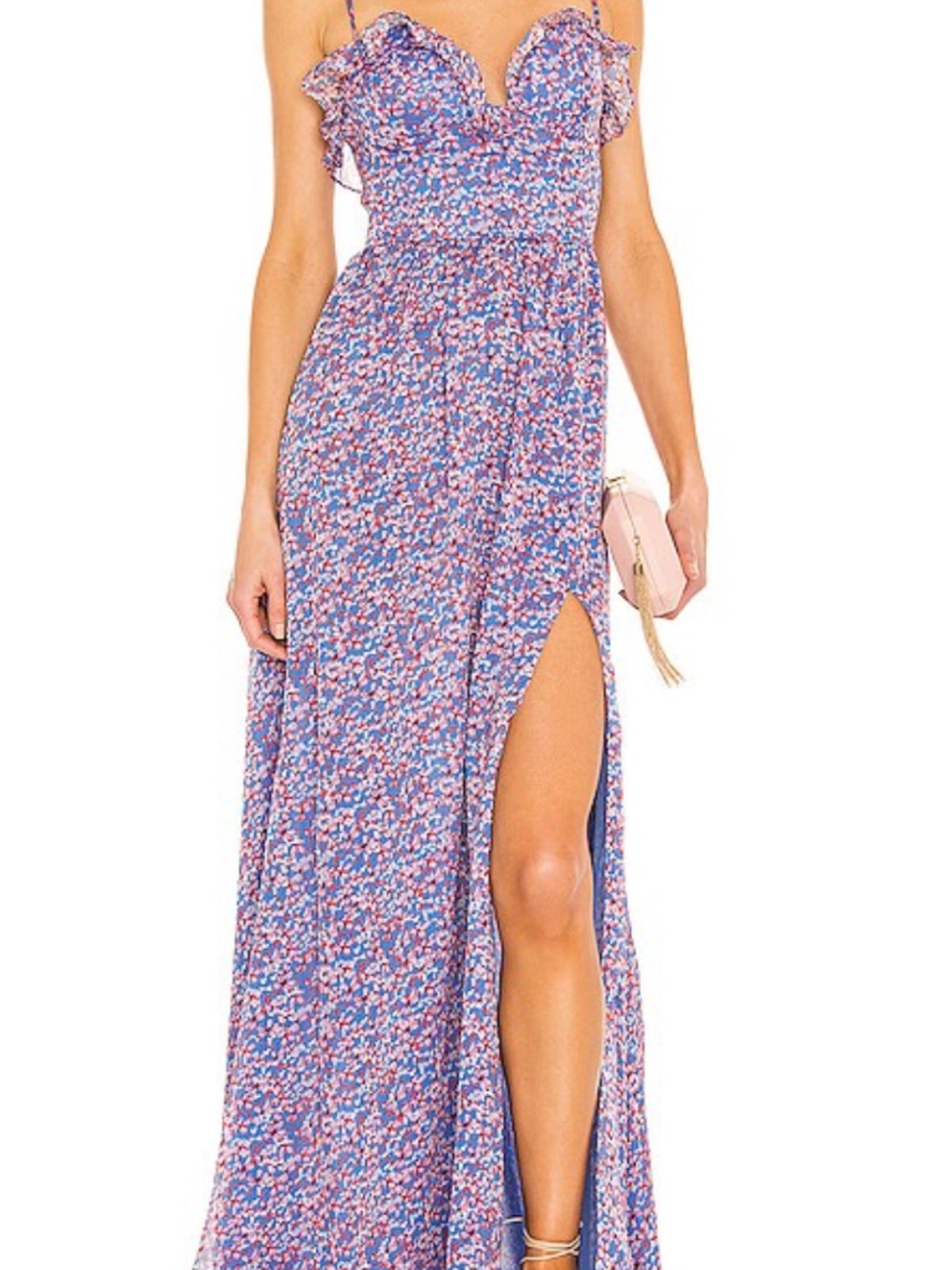 Purple Floral Maxi Dress with Sweetheart Neckline and High Side Slit - Picture 1 of 3